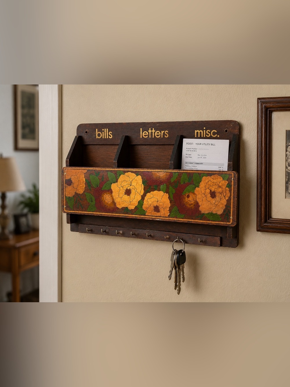 Vintage Wooden Mail Organizer Key Holder Bills Letters Misc Floral Wall Rack